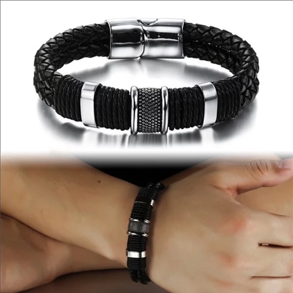 Black Braid Leather Titanium Bracelet Unisex - Picture 8 of 12